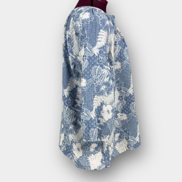 🔵 2/$15 ~ mySTYLE 2X blue floral gauze peasant blouse split neck long sleeve - Picture 2 of 9